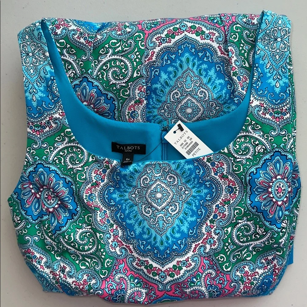 NWT  TALBOT Vibrant Blue and Green Paisley Midi Dress Size 6P - Picture 11 of 12